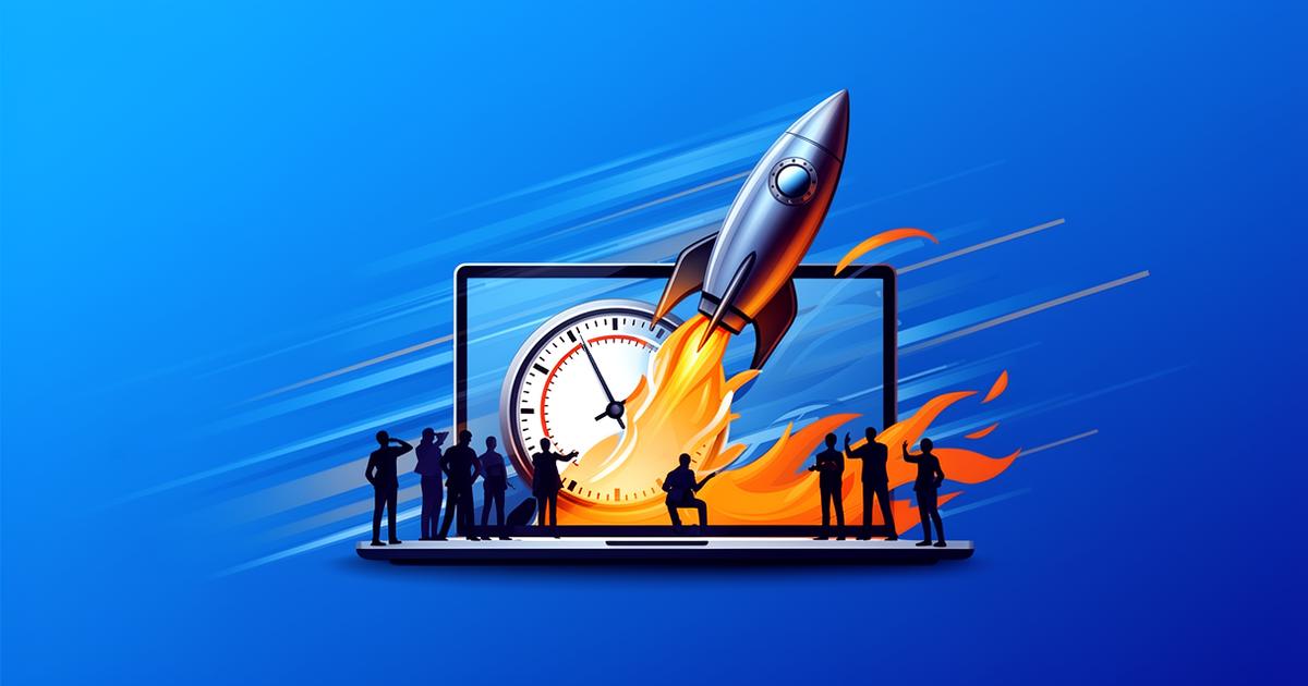 Rocket launching from laptop representing quick VA agency launch in 24 hours